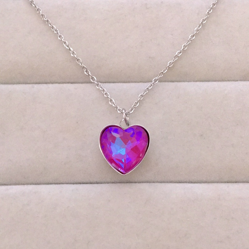Fuchsia Hot Pink Aurora Borealis +Stainless Steel Crystal Heart Pendant Necklace